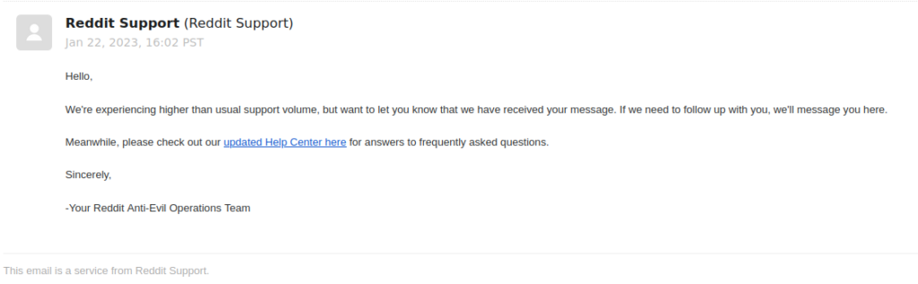 Excerpt from an automated email from Reddit.