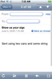 Picture of a mobile phone email with the signature "sent from two cans and a string"